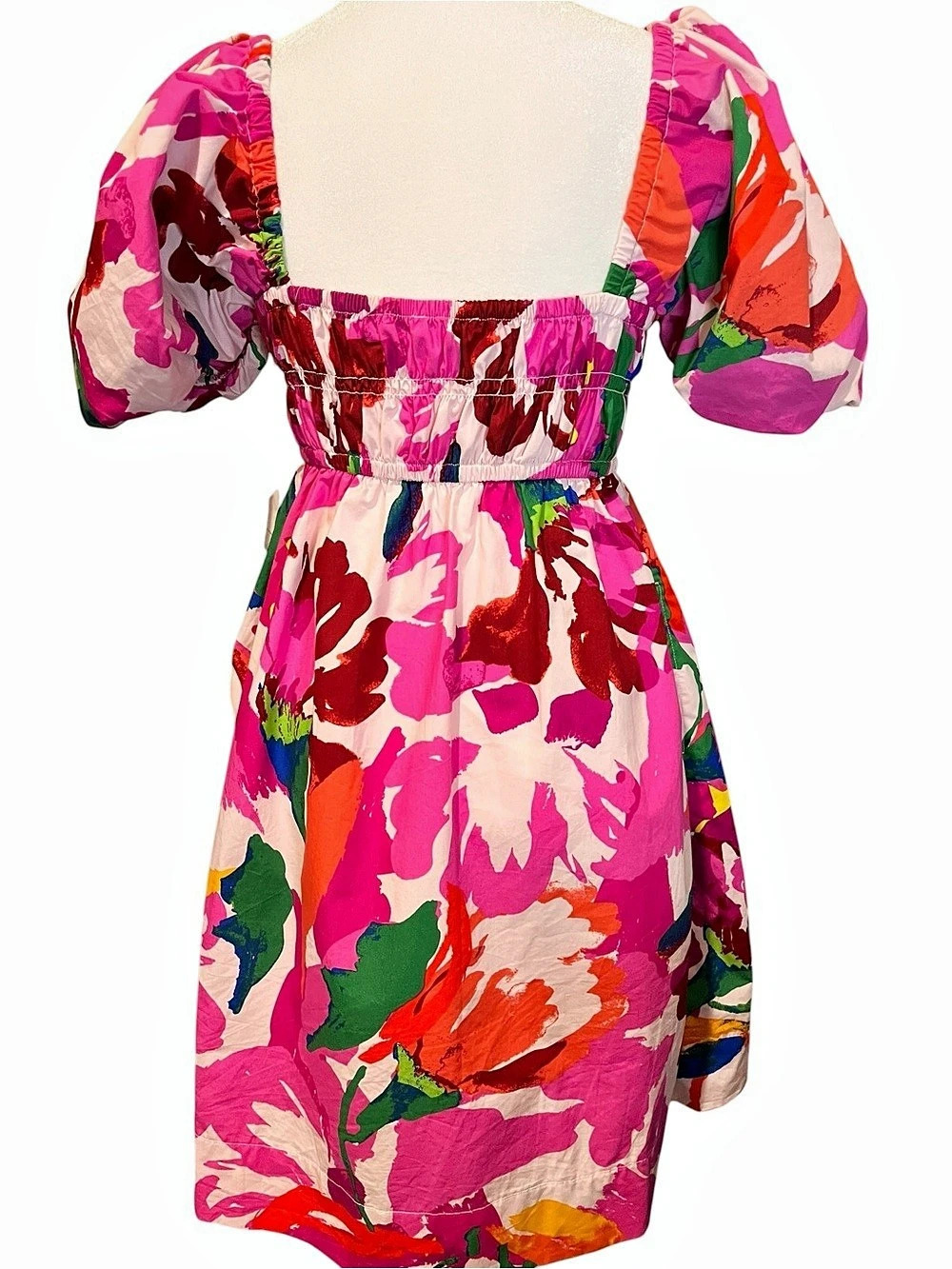 Free Assembly Puff Sleeve Peasant Mini Dress Pink & Red XS